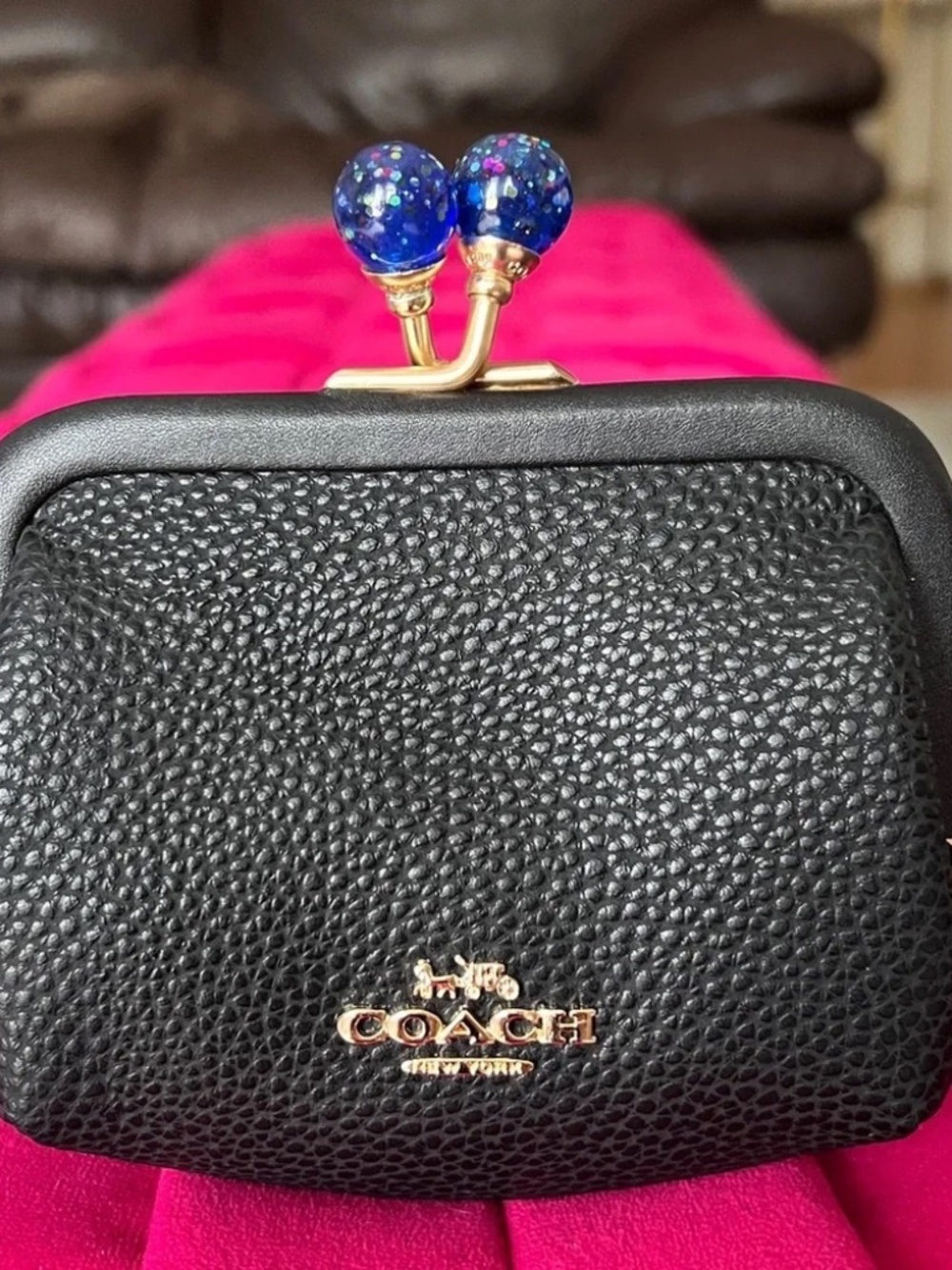 Coach Black Pebbled Leather Kisslock Coin Purse Crystal Clasp Mini Pouch - Picture 3 of 9
